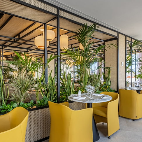 Speisesaal des Restaurants mit gelben Stühlen, runden Tischen, Pflanzen und verglasten Wänden