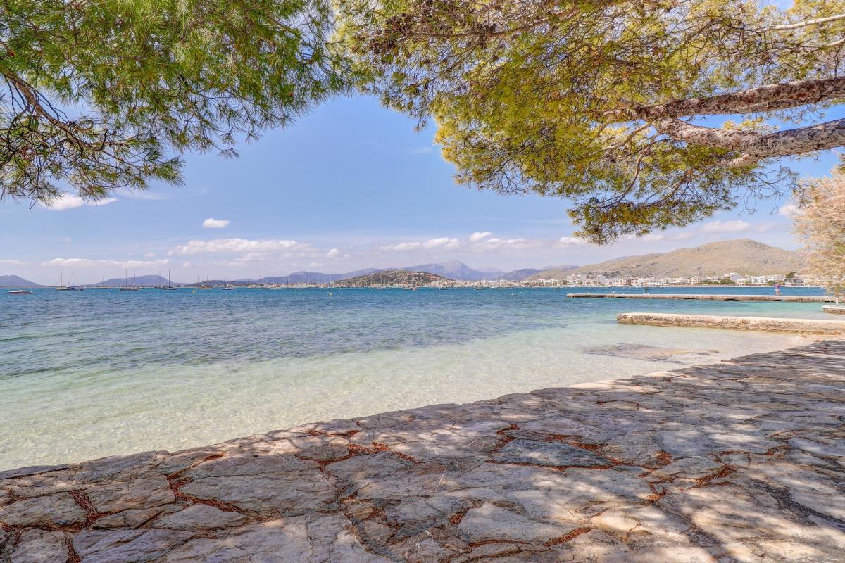 Steinweg am Meer im Schatten der Pinien, im Hintergrund die Bucht von Pollença