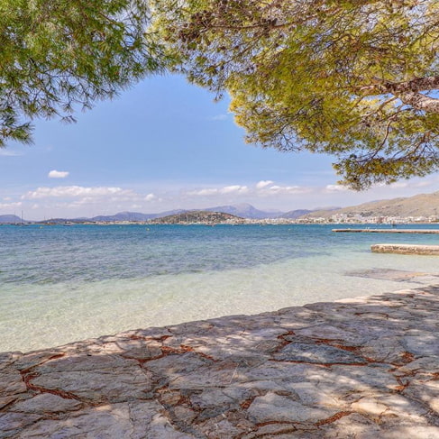 Steinweg am Meer im Schatten der Pinien, im Hintergrund die Bucht von Pollença