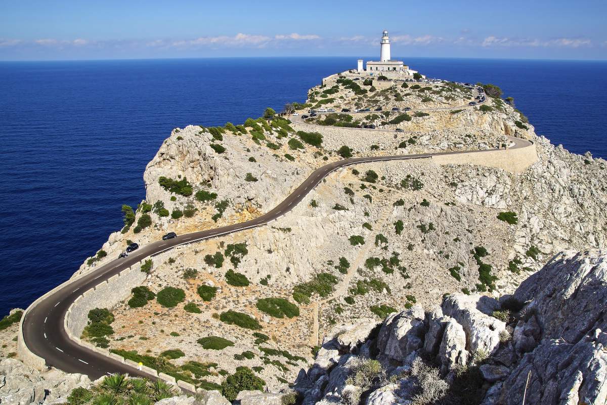 Kurvenreiche Straße zum Leuchtturm am Cap de Formentor über Klippen und tiefblauem Meer