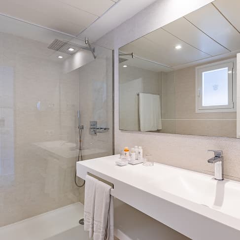 Badezimmer mit verglaster Regendusche, großem Waschbecken, Kosmetikspiegel und Pflegeprodukten