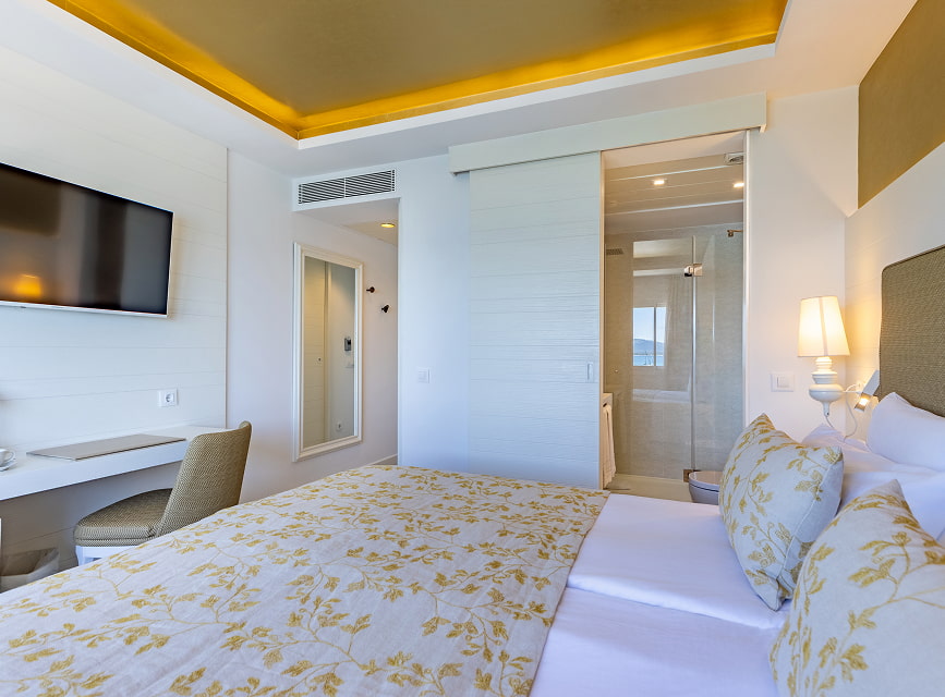 Room with double bed, TV, desk and sliding door to the bathroom